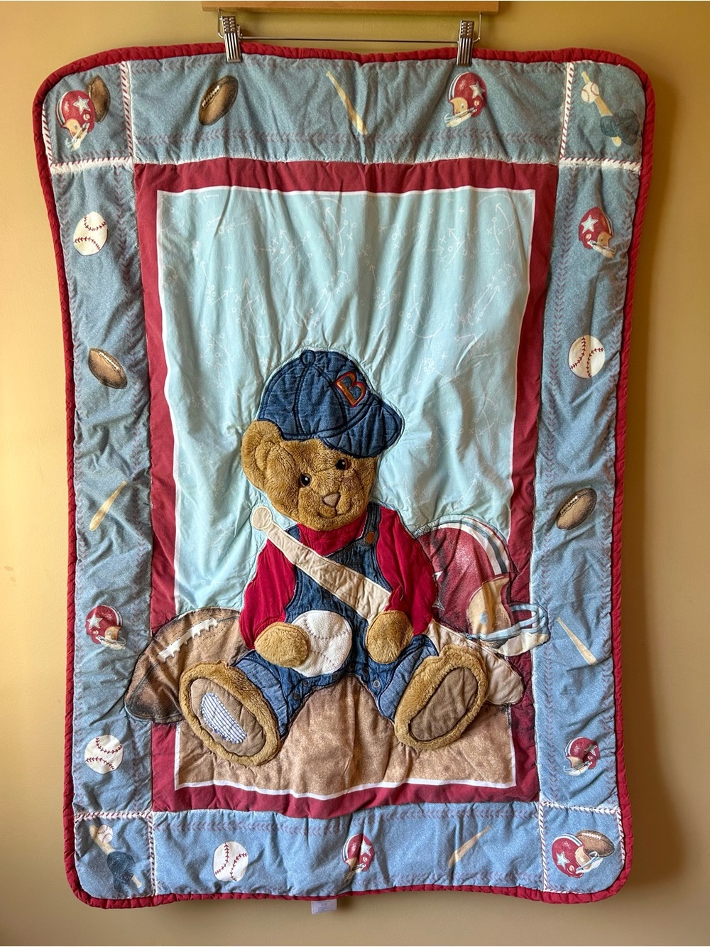 Vtg BJT Blue Jean Teddy Bear Baby Blanket Quilt 3D Teddy Bear Sports 43”x30.5”